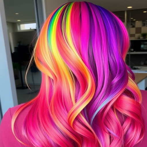 Whimsical rainbow ombré style called "Prism Cascade" blending seamlessly from vibrant red roots through the color spectrum to deep purple ends