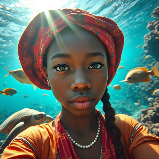 Realistic selfie image of a Oromo, wearing a vintage outfit, detailed dreamy eyes, droopy hooded eyes, staring at the camera, taken underwater at coral reef with a sunbeam filtering through the water, vibrant, summer vacation, natural lighting, turtle and school of tropical fish with vibrant colors, rendered in the style of CryEngine, Pegi Nicol MacLeod, with realistic genre scenes, hauntingly beautiful narratives, ultra-realism, and Thomas Saliot's close-up technique, 8K resolution, crystal clear and sparkling water.