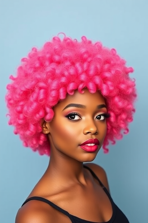 Playful Bubblegum Pink Afro styled into a perfectly round shape, showcasing voluminous coils and vibrant magenta hues for a fun and energetic look