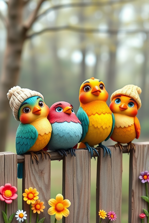 create a scene of 4 quirky  whimsical colourful comical birds each with a funny expression. they are sat on a wooden fence with colourful flowers. they are all different sizes. each one is a different colour  one is wearing a woolly hat. Each one has a different quirky google expression and there is a muted background of trees watercolour paintierly style high definition 8k resolution 3D paper mache