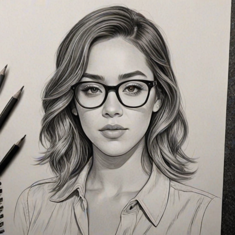 Resplendent Chloe Bennet, pencil sketch, portrait of Appealing woman 1943s in glasses, hair style beatnik, outline, clear lines, fine lines, 8k