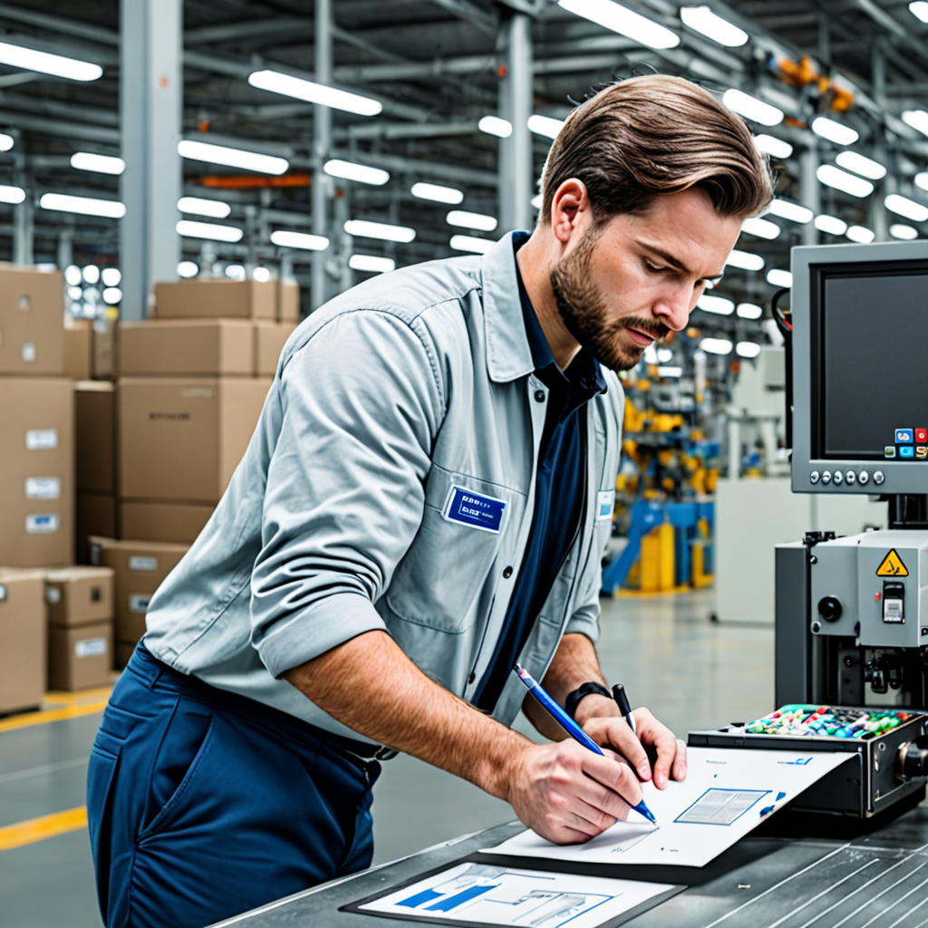operator on the factory floor checking drawing label