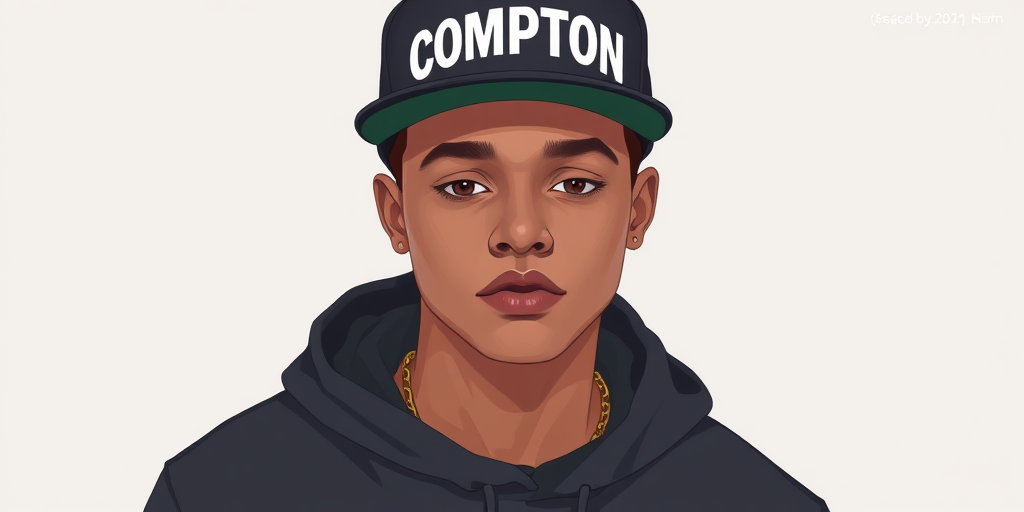 Create an illustration of a young man wearing a black "Compton" cap with a confident expression, high-resolution digital art, 35mm lens, f/2.8 aperture, soft lighting, portrait orientation, shot in a studio environment.