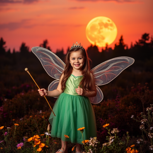 A vivid photo  taken under a bright camera flash of a fantastical scene set against a backdrop of a forest during sunset. The main subject is a girl dressed as a fairy, adorned with translucent wings and a green dress, holding a wand, her face is happy, and she wears a crown on her head. The forest behind her is a blend of flowers, shrubs and trees. The sky is painted in hues of orange and pink, with a large, glowing moon casting a warm glow over the scene. The overall color palette is dominated by earthy tones.