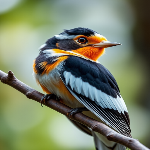 Capture a close-up of a vibrant bird with an orange eye and striking black and white plumage perched on a branch, using a Canon EOS 5D Mark IV, 85mm lens, aperture f/2.8, shutter speed 1/250 sec, ISO 200, natural lighting, shallow depth of field for a blurred background.