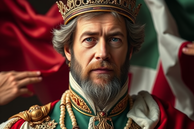 Create a detailed portrait of a historical figure wearing royal attire, with a flowing flag incorporating red, white, and green colors in the background, captured with a DSLR camera at f/2.8 for a shallow depth of field, ISO 100 for minimal grain, and a 50mm lens to enhance the sharpness and detail of the subject.