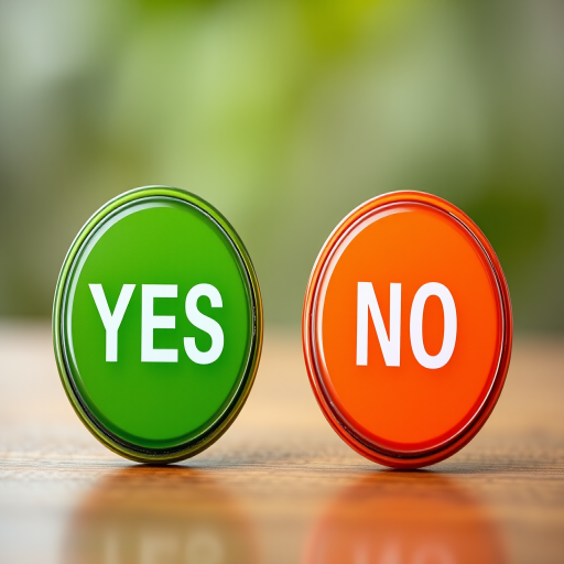 Create a high-resolution image of two circular buttons with the words "YES" in white text on a green button and "NO" in white text on an orange button, with a soft-focus background, taken with a DSLR camera at f/2.8 aperture, 50mm lens, ISO 100, and natural lighting.