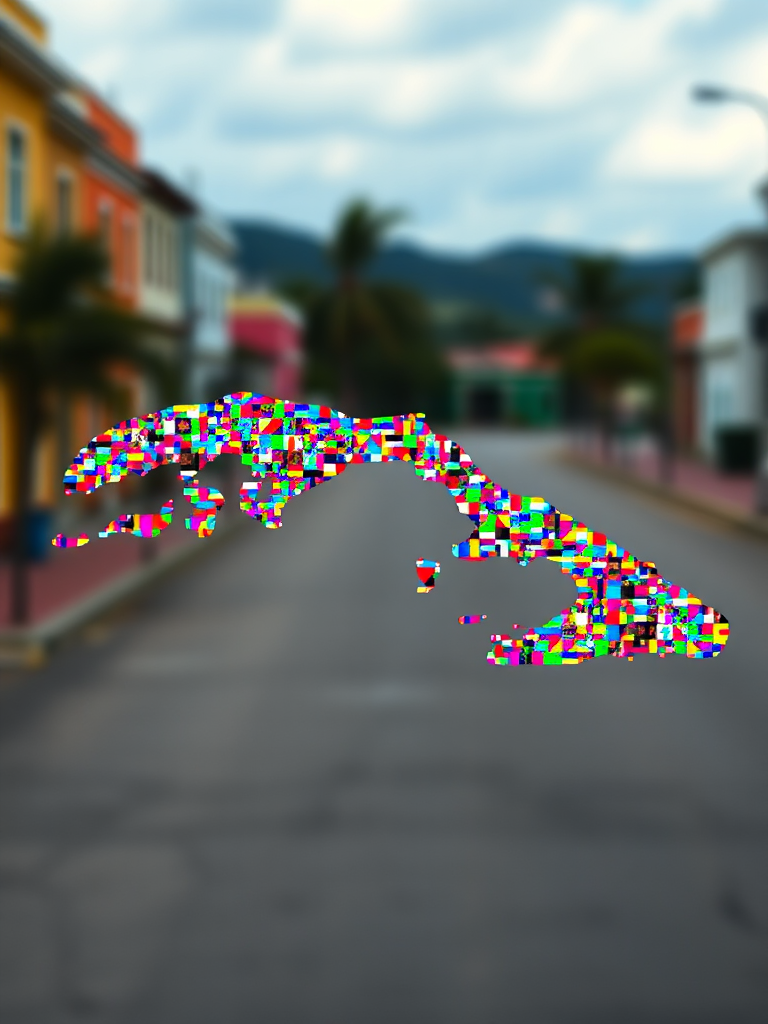 Create a high-resolution digital artwork of Cuba's outline filled with vibrant, colorful pixel patterns, using a Canon EOS R5 camera, 50mm lens, f/1.8 aperture, ISO 100, 1/200s shutter speed, shot from a frontal view with a depth of field effect.