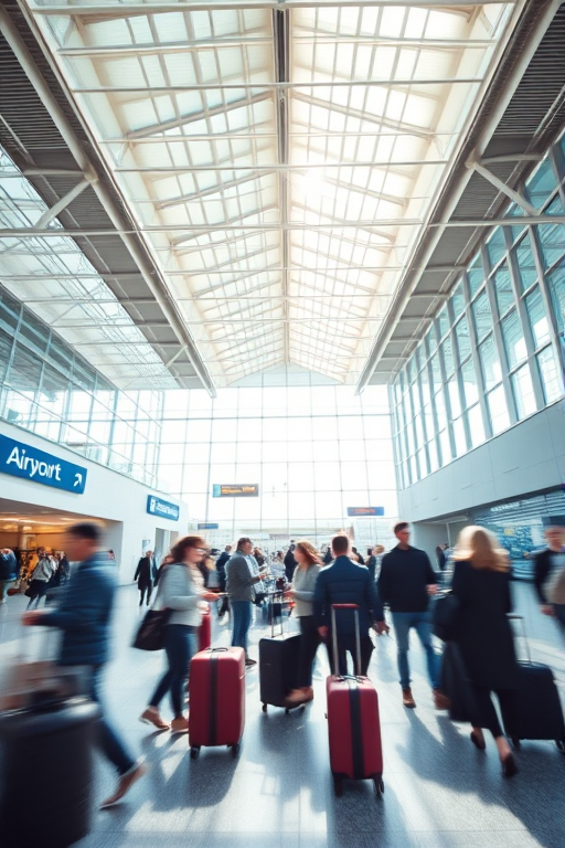 high-traffic airport terminal during daytime, dynamic motion blur of travelers with luggage, bright natural light streaming through large windows, take with a DSLR camera, f/4 aperture, ISO 100, 1/60 sec shutter speed, wide-angle lens, shoot from a low angle for depth perspective