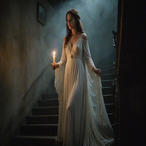 a ghostly figure of a woman in a long white dress holding a candle, softly glowing in a dimly lit staircase, with a mysterious and ethereal atmosphere