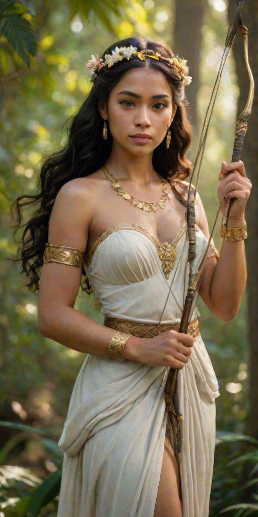 Create a portrait of a goddess-like Pacific Islander girl figure in a tranquil, forested environment. She has an elegant appearance with long, wavy hair styled in an updo and adorned with a delicate, floral headband. She wears a flowing, ancient Greek-inspired gown in a soft, pale color, featuring a one-shoulder design and draped fabric that accentuates her graceful form. The outfit includes a decorative belt with ornate gold detailing, and she holds a bow in her hand, with a quiver of arrows slung over her shoulder. The background depicts lush greenery, with sunlight filtering through the trees, casting a gentle, ethereal light on the scene. Her expression is calm and contemplative, embodying a sense of wisdom and serenity.