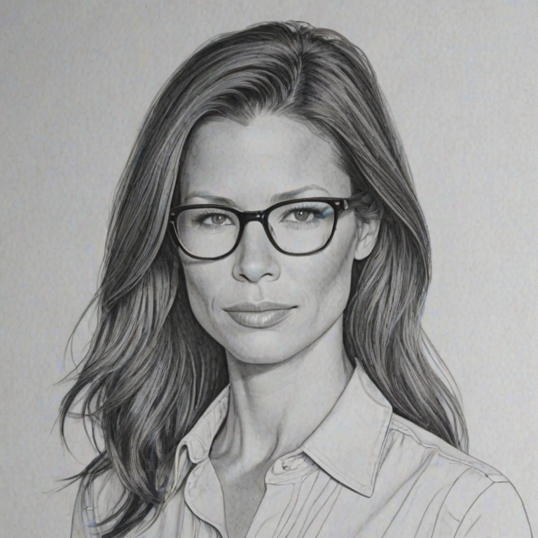 Attractive Rhona Mitra, pencil sketch, portrait of Delightful woman 1949s in glasses, hair style beatnik, outline, clear lines, fine lines, 8k