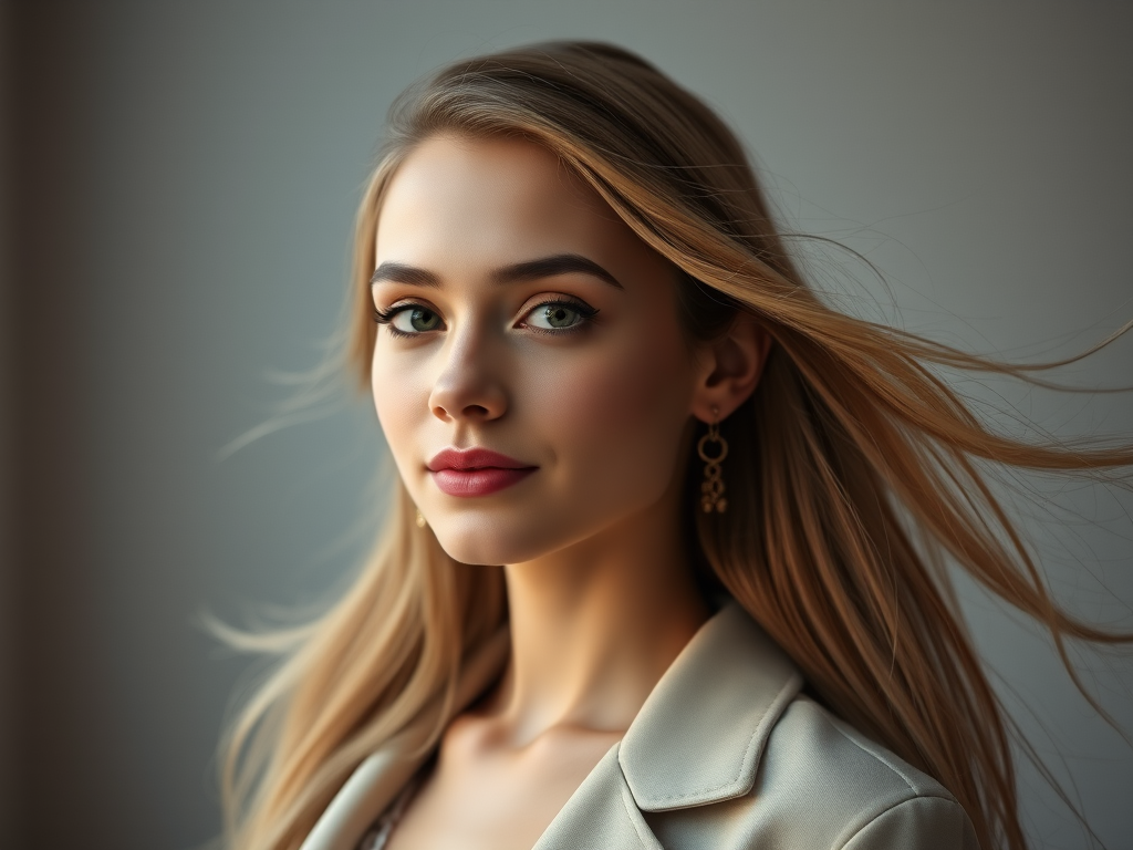 Create a portrait of a young woman with long, flowing hair and a gentle expression, wearing a stylish outfit and delicate earrings, captured in soft, diffused lighting, using a Canon EOS R5 camera, 85mm lens, f/1.4 aperture, ISO 100, in portrait mode with a shallow depth of field.