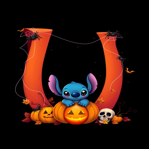 A whimsical and vibrant Halloween-themed digital illustration featuring the letter "U" adorned with spider webs, small bats, and cute spiders. At the base of the letter, a playful alien character similar to Stitch is peeking out from inside a carved pumpkin with glowing eyes, surrounded by additional pumpkins, a small skull, and autumn leaves. The letter is gradient-colored from orange to purple, adding a magical atmosphere to the scene, black background