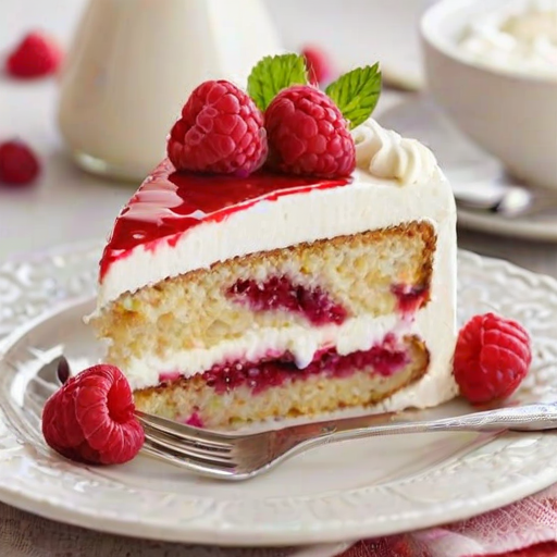 Generate an image of a slice of layered cake with white frosting and raspberry filling, showcasing its fluffy texture and vibrant red raspberries. The cake should appear moist and inviting, with decorative whipped cream on the sides.