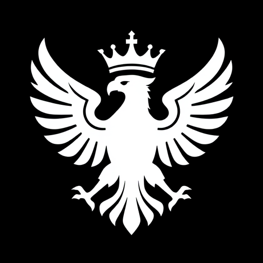 Create a high-resolution image of a stylized white eagle emblem with a crown on a solid black background, captured with a Canon EOS R5, 50mm lens, f/8 aperture, ISO 100, in a soft studio lighting setup to enhance details and contrast.
