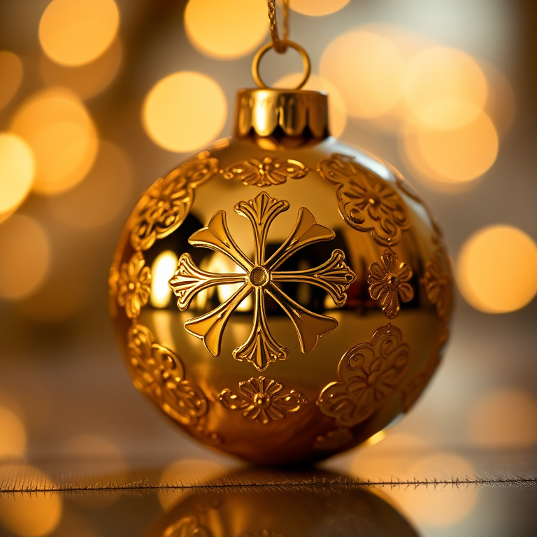 Create a close-up shot of a golden ornament with a cross reflection, using a Canon EOS R5, 50mm lens, f/1.8 aperture, ISO 100, with soft bokeh background and dramatic lighting for enhanced image quality.