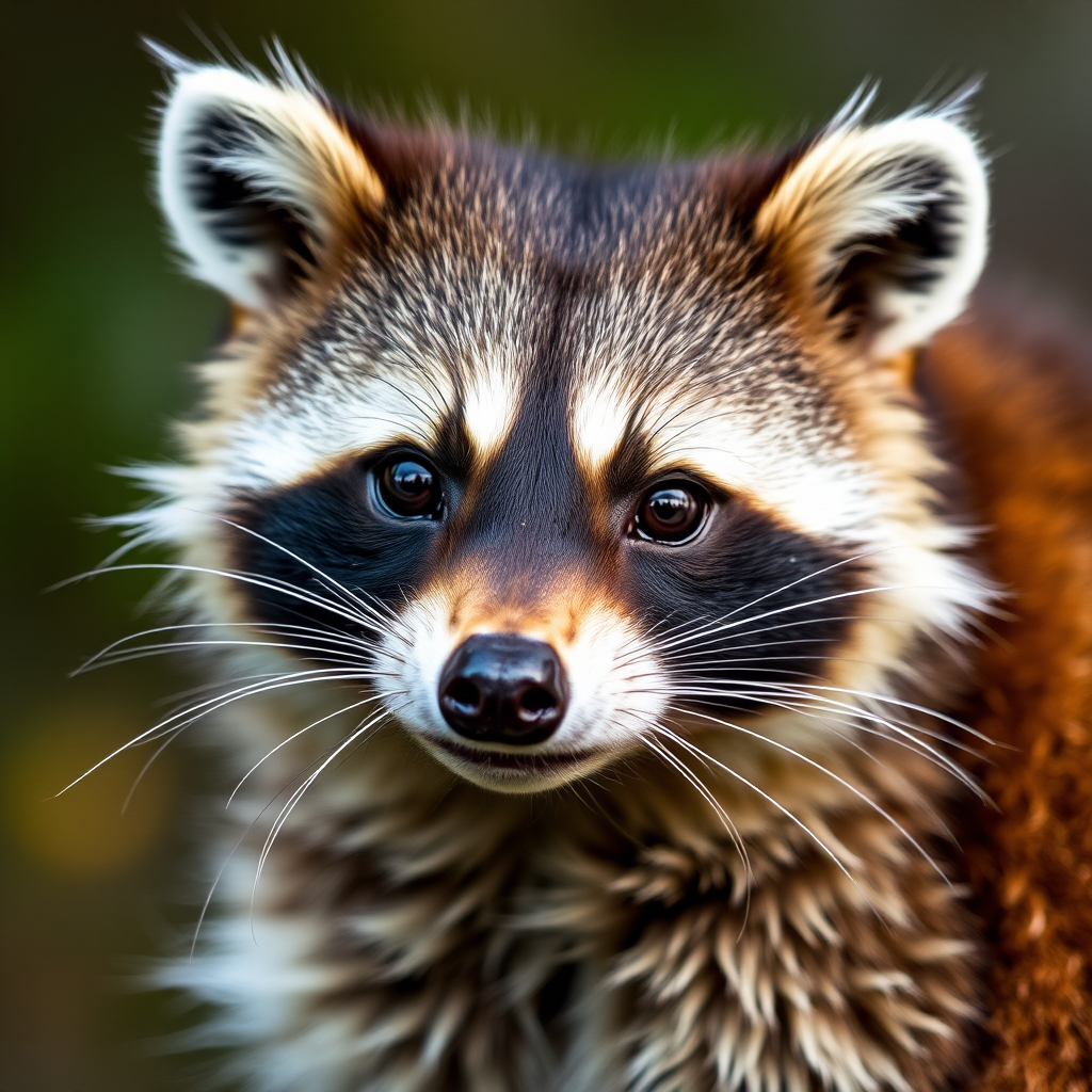 close-up portrait of a raccoon with detailed fur texture and expressive eyes, natural lighting, shallow depth of field, aperture f/2.8, 85mm lens, ISO 100, DSLR camera, soft focus background