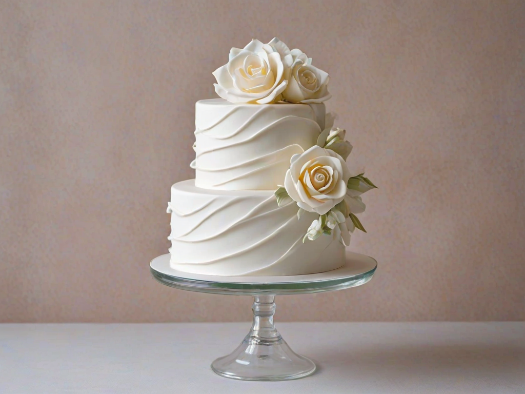 Design a two-tier wedding cake with elegant wavy white fondant. The top tier is slightly smaller and features delicate white flowers, including a large rose and smaller blossoms, cascading down one side. The cake is presented on a glass cake stand, with a soft, minimalistic background to highlight its beauty.