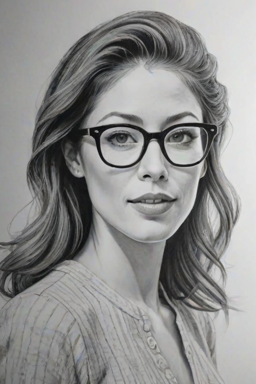 Radiant Amanda Crew, pencil sketch, portrait of Dazzling woman 1952s in glasses, hair style beatnik, outline, clear lines, fine lines, 8k