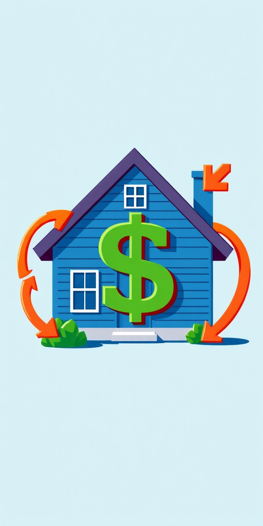Create a high-resolution digital illustration of a blue house with arrows flowing to and from a green dollar sign, using a Canon EOS 5D Mark IV camera with a 50mm lens at f/1.8, in a bright and colorful style, with a focus on clarity and detail.
