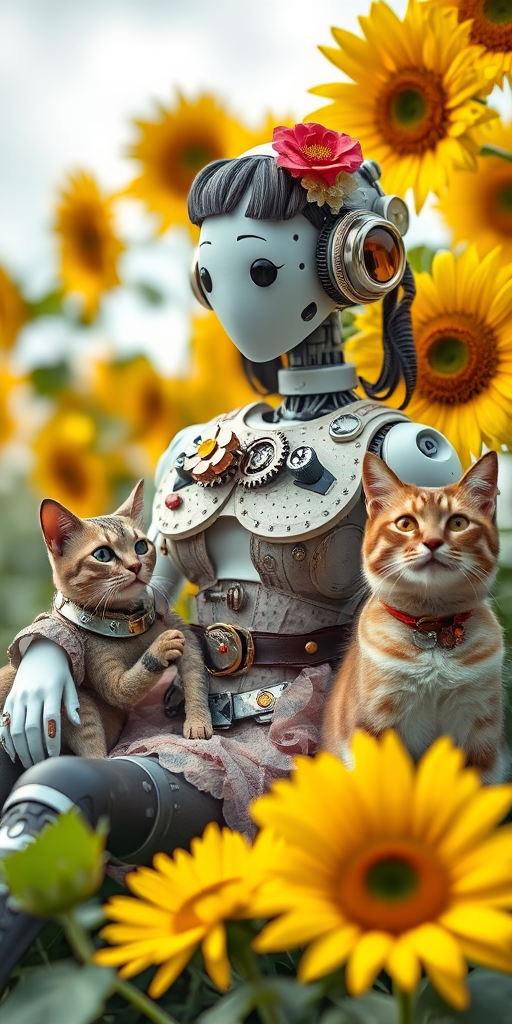 Create a whimsical steampunk scene featuring a humanoid robot woman in a stylish outfit with gears and flowers, sitting next to a mechanical cat, with a background of vivid sunflowers, captured using a DSLR camera with a 50mm lens, aperture set to f/1.8 for a shallow depth of field, ISO 100, and natural lighting for enhanced detail and vibrancy.
