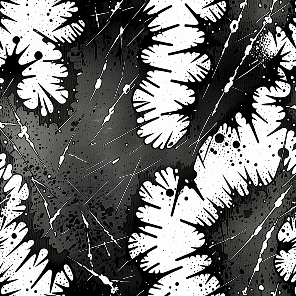 Abstract Black and White Floral Pattern with Dynamic Splashes and Lines