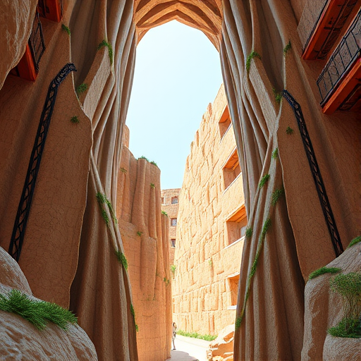 Create a high-resolution digital illustration of a tall, cylindrical structure resembling a natural formation, with earthy textures and subtle green details, shot with a DSLR camera at f/8 aperture, 50mm lens, in a soft natural light setting to enhance the details and depth, capturing a clear, vibrant view.