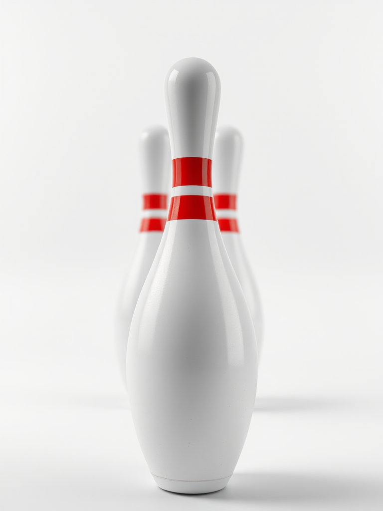 A high-resolution image of a bowling pin with a shiny surface and red stripes, captured with a Canon EOS R5 camera, 50mm lens, f/2.8 aperture, ISO 100, in a well-lit studio setting with a softbox for even lighting and a white background to enhance contrast and clarity.