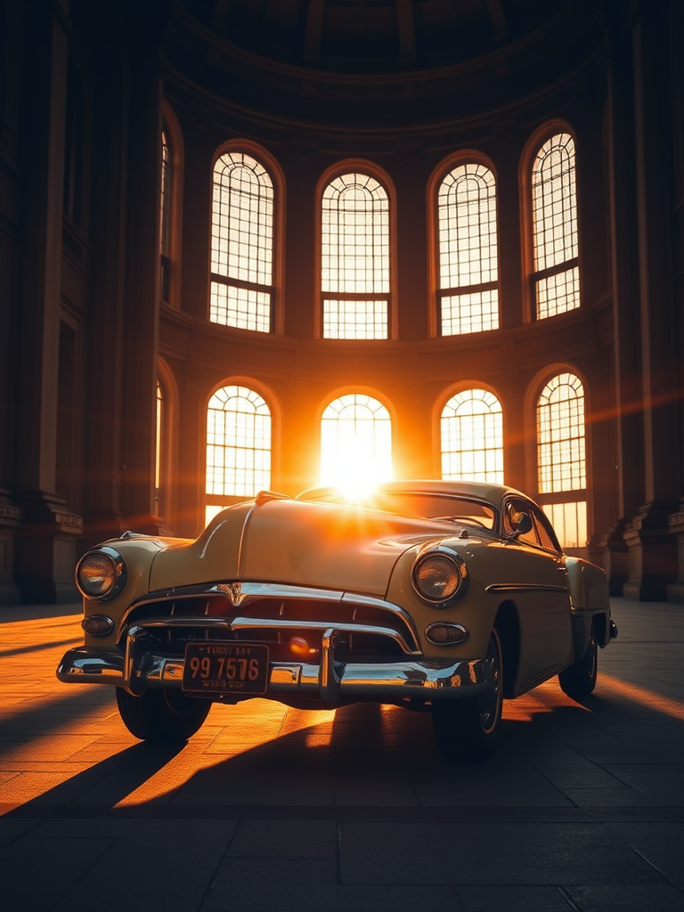 vintage car in a grand architectural setting during sunset, soft golden light casting long shadows, wide-angle view with depth of field, ISO 100, f/8 aperture, 1/200 shutter speed, DSLR camera