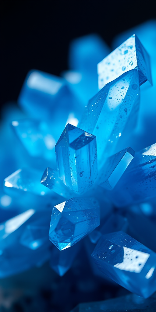 close-up of a blue crystal cluster with sharp facets illuminated by soft lighting, macro lens, aperture f/2.8, ISO 100, 100mm lens, shallow depth of field, captured with a DSLR camera
