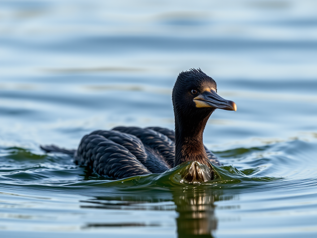 Capture a close-up of a cormorant swimming in calm water, natural light, aperture f/4, ISO 200, shutter speed 1/1000s, 85mm lens, taken from a low angle to emphasize the bird against the water surface.