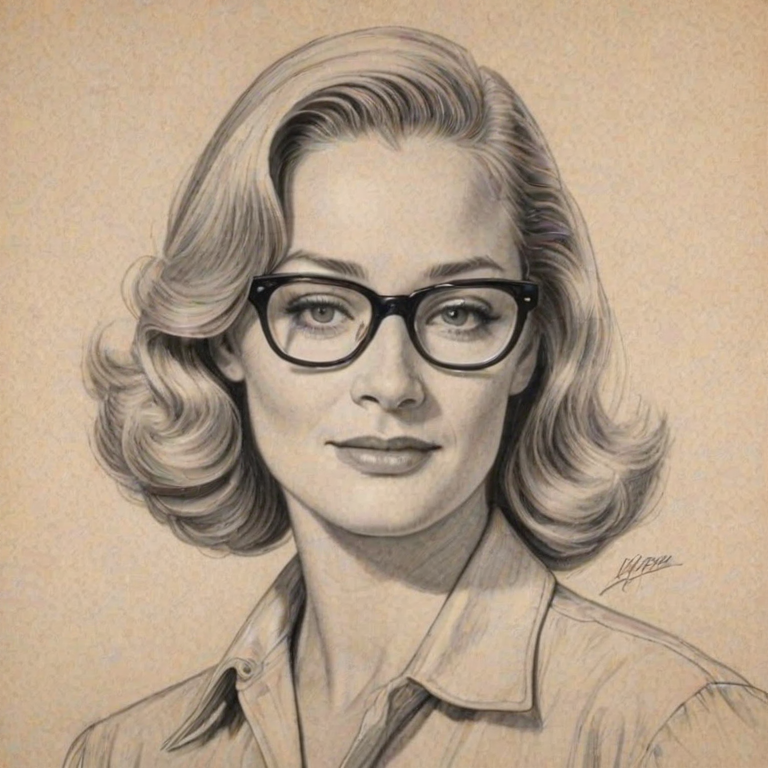 Appealing Cybill Shepherd, pencil sketch, portrait of Enticing woman 1939s in glasses, hair style beatnik, outline, clear lines, fine lines, 8k