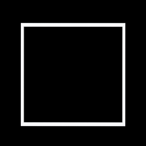 Create a high-resolution image of a blank rectangular frame with minimalist design elements in white, centered against a solid black background, using a DSLR camera with a 50mm lens, aperture set to f/1.8, ISO 100, and a focus distance of 1 meter, captured from a straight-on view with soft lighting to enhance contrast and sharpness.