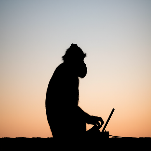 Create a minimalist silhouette of a monkey listening to music with headphones, sitting with a device, in soft pastel colors, using a Canon EOS R5 with a 50mm f/1.8 lens, aperture f/2.8, ISO 100, and natural lighting for a clear and serene background.