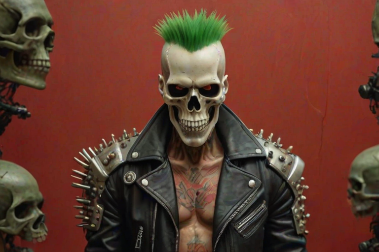 image of a stylized figure that merges human traits with mechanical parts, embodying the essence of a cyborg. The character's head is a detailed skull with eyes that emit a green luminescence, and atop its head are metallic spikes, styled in the fashion of a mohawk, to accentuate a punk vibe. A cigarette is placed between its teeth, while it dons a high-collared leather jacket, adorned with studs, reinforcing its rebel ethos. The skull is intricately detailed with elements that evoke metallic machinery and electronic circuits, enhancing its mechanical nature. Emblazoned on the forehead of the skull is a flag, while the jacket's collar is decorated with assorted, vibrant patches, including one with a peace symbol. Set against a striking red backdrop, the text 'ST. KNOX III' hovers above, suggesting a moniker linked to the figure. The overall portrayal is of a figure that represents defiance and a dystopian reality