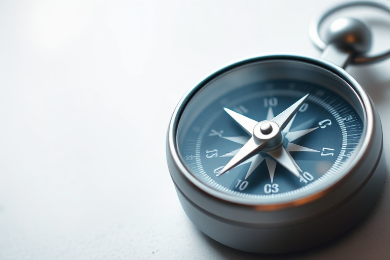 Create a highly detailed, close-up image of a compass with a sleek design and a polished surface, using a DSLR camera with a 50mm lens at f/1.8, ISO 100, and a soft focus background to enhance clarity and depth.