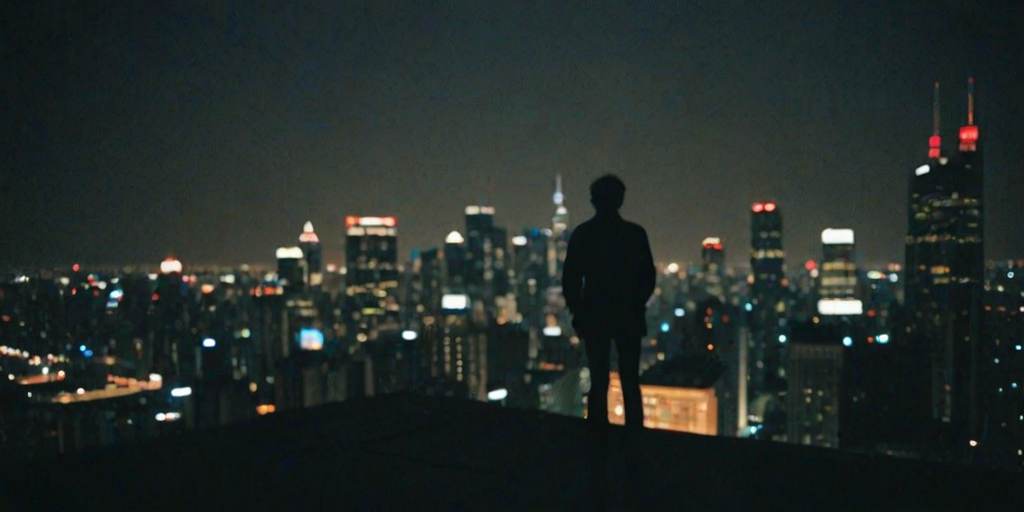 Blurry, grainy shot of a city skyline at night from a high rooftop, distant skyscrapers twinkling with lights, with the silhouette of a person leaning on the ledge in the foreground.