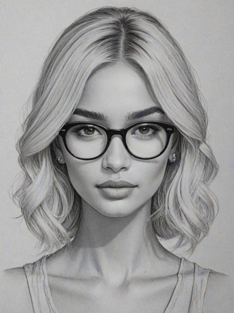 Splendid Pia Mia, pencil sketch, portrait of Exquisite woman 1926s in glasses, hair style beatnik, outline, clear lines, fine lines, 8k