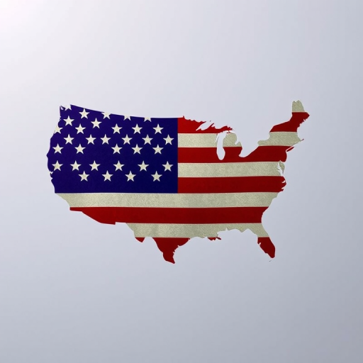 Create a high-resolution image of the United States silhouette filled with the American flag's stars and stripes, using a DSLR camera at f/8 aperture, 50mm lens, top-down perspective, and soft diffused lighting.