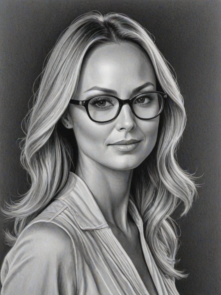 Stunning Stacy Keibler, pencil sketch, portrait of Splendid woman 1976s in glasses, hair style beatnik, outline, clear lines, fine lines, 8k