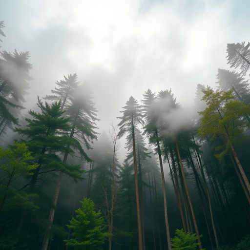 Create a high-resolution image of a dense forest with tall trees surrounded by swirling clouds of mist, using a DSLR camera with a focal length of 50mm, aperture set to f/2.8, and a shutter speed of 1/200s, taken from a low angle to emphasize the height of the trees, in a vibrant, cinematic style.