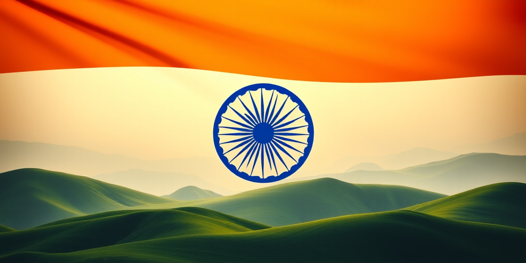 Create a vibrant image of the Indian flag with a sunburst background in orange and white, featuring a blue Ashoka Chakra at the center, set against rolling green hills, captured with a DSLR camera at f/8 aperture, ISO 100, 24mm lens, in landscape orientation, using soft lighting for enhanced contrast and clarity.