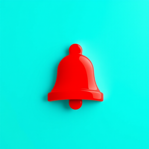 Create a vibrant red bell icon on a simple turquoise background, using a Canon EOS 5D Mark IV with a 50mm lens, aperture f/1.8, ISO 100, and a soft focus effect for added depth.