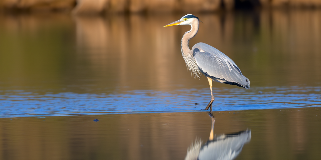 A great blue heron standing in calm water with reflections, captured with a DSLR camera, 85mm lens, f/4 aperture, ISO 100, natural lighting, shot from eye level for a sharp focus on the bird and a soft background blur.