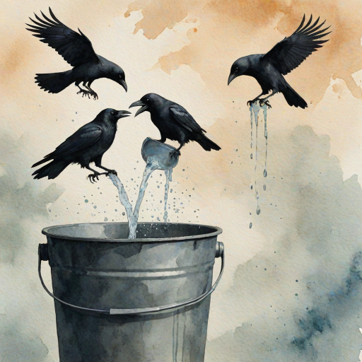 Create a watercolor painting of the silhouette of crows drinking water from a bucket, with muted colors and a textured background.