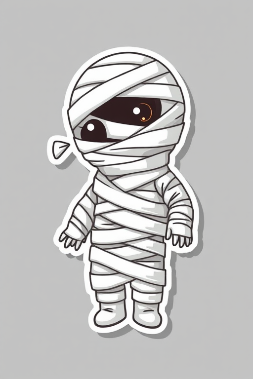 create a kawaii Mummy wrappings sticker, 3d digital art, grey background, sticker line weight