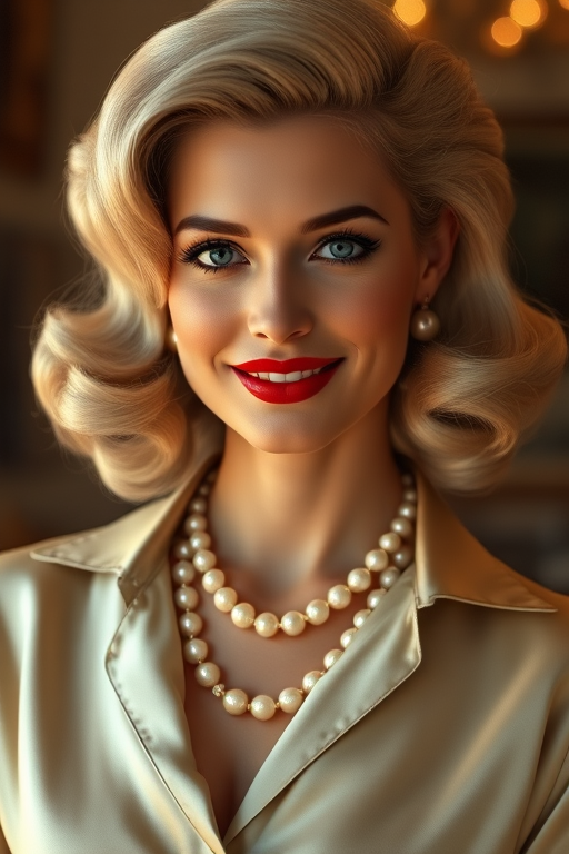 A beautiful Taino woman reminiscent of 1950s Hollywood glamour, with perfectly styled blonde hair and a seductive smile, dressed in a satin blouse and adorned with pearls, soft and warm tones, photorealistic, 8K