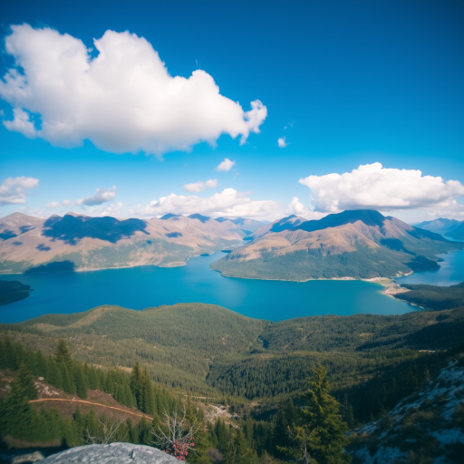 Generate a vivid landscape of a serene lake surrounded by mountains under a clear blue sky with fluffy clouds, captured using a DSLR camera with a 24mm lens at f/8, ISO 100, and a shutter speed of 1/250 sec from a low angle perspective to enhance the depth and colors of the scene.