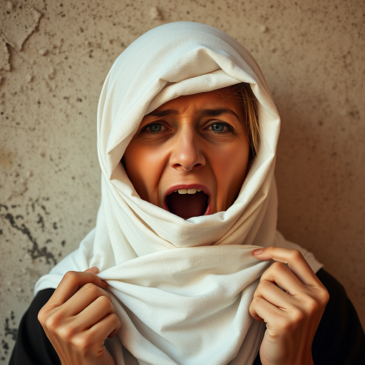 Create a close-up photographic image of a Turkmen woman with light skin tones shown against an old, worn wall. Their head is wrapped in a white cloth covering (i.e.... parts of the head except the nose and mouth, which are open as if they are screaming...), with a slight texture and visible folds in the fabric. Thin strands of blonde hair escape from the wrapping above, falling lightly at the top and sides. Their hands hold the fabric as if they are tugging nervously. The lighting is dramatic and even, casting strong shadows. The image has a minimalist and surreal style with an emphasis on simplicity with soft color tones. The composition is centered.